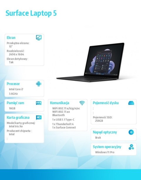 Microsoft Laptop 5 Win11 Pro i7-1265U/16GB/256GB/15 cali Czarny/RI9-00032