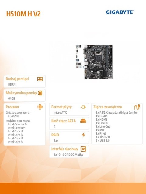 Gigabyte Płyta główna H510M H V2 s1200 2DDR4 HDMI/D-SUB M.2 mATX Gigabyte Płyta główna H510M H V2 s1200 2DDR4 HDMI/D-SUB M.2 mATX