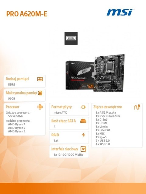 MSI Płyta główna PRO A620M-E AM5 2DDR5 HDMI/M2 mATX MSI Płyta główna PRO A620M-E AM5 2DDR5 HDMI/M2 mATX