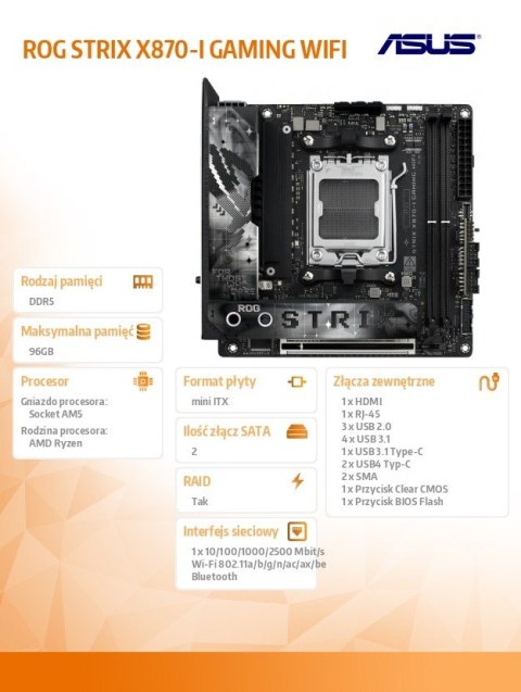 Asus Płyta główna ROG STRIX X870-I GAMING WIFI AM5 2DDR5 HDMI/USBC Asus Płyta główna ROG STRIX X870-I GAMING WIFI AM5 2DDR5 HDMI/USBC