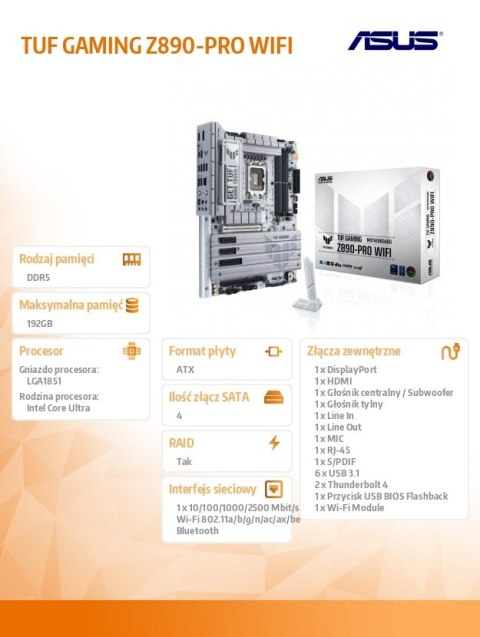Asus Płyta główna TUF GAMING Z890-PRO WIF I s1851 4DDR5 TB4/DP ATX/90MB1IR0-M0EAY0 Asus Płyta główna TUF GAMING Z890-PRO WIF I s1851 4DDR5 TB4/DP ATX/90MB1IR0-M0EAY0