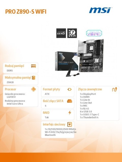 MSI Płyta główna PRO Z890-S WIFI s1851 4DDR5 ATX MSI Płyta główna PRO Z890-S WIFI s1851 4DDR5 ATX