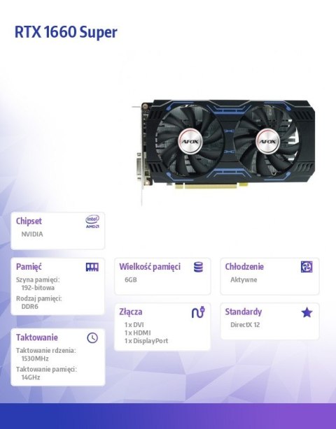 AFOX Karta graficzna - Geforce GTX1660 SUPER 6GB GDDR6 192Bit DP DVI HDMI ATX Dual V4 AFOX Karta graficzna - Geforce GTX1660 SUPER 6GB GDDR6 192Bit DP DVI HDMI ATX Dual V4