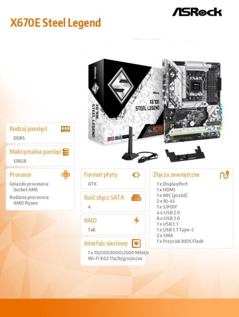 ASRock Płyta główna X670E STEEL LEGEND AM5 4DDR5 HDMI/DP M.2 EATX ASRock Płyta główna X670E STEEL LEGEND AM5 4DDR5 HDMI/DP M.2 EATX