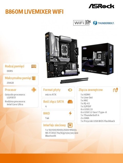ASRock Płyta główna B860M LIVEMIXER WIFI s1 851 4DDR5 mATX ASRock Płyta główna B860M LIVEMIXER WIFI s1 851 4DDR5 mATX