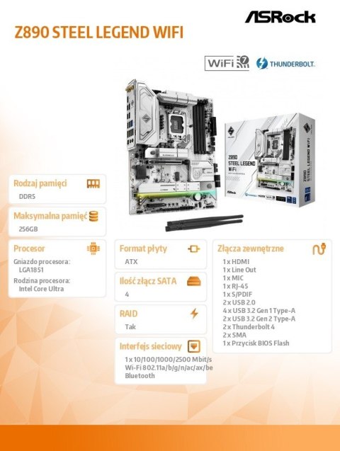 ASRock Płyta główna Z890 STEEL LEGEND WIFI ATX ASRock Płyta główna Z890 STEEL LEGEND WIFI ATX