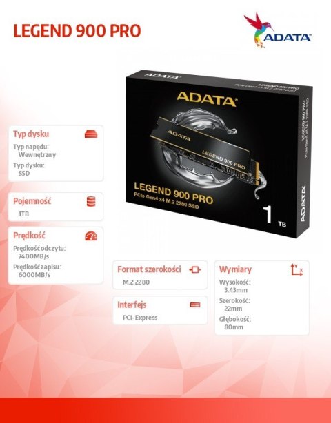 Adata Dysk SSD LEGEND 900 Pro 1TB PCIe 4x4 7.4/6 GB/s M.2 Adata Dysk SSD LEGEND 900 Pro 1TB PCIe 4x4 7.4/6 GB/s M.2