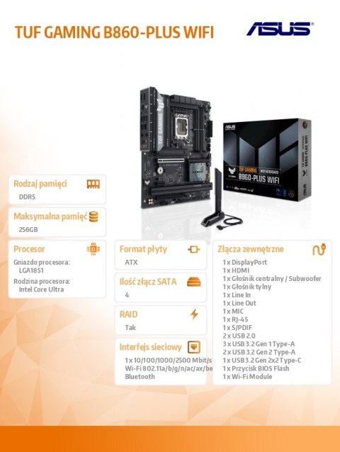 Asus Płyta główna TUF GAMING B860-PLUS WIFI s1851 4DDR5 USBC ATX Asus Płyta główna TUF GAMING B860-PLUS WIFI s1851 4DDR5 USBC ATX