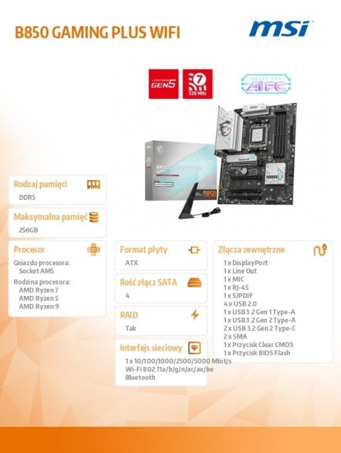 MSI Płyta główna B850 GAMING PLUS WIFI A M5 4DDR5 ATX