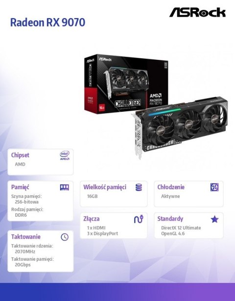 ASRock Karta graficzna Radeon RX 9070 Challenger 16GB ASRock Karta graficzna Radeon RX 9070 Challenger 16GB