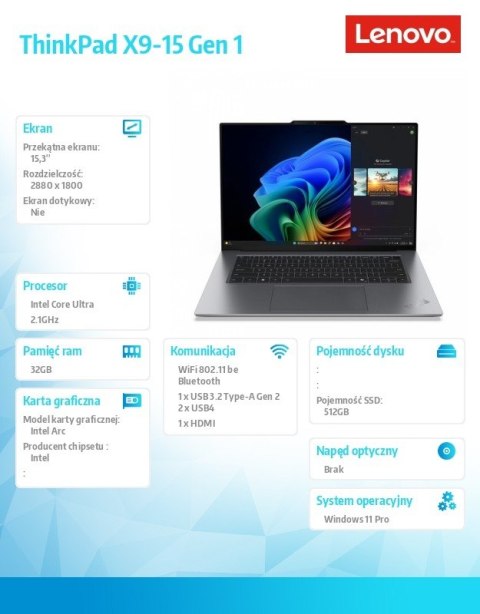 Lenovo Ultrabook ThinkPad X9 G1 21Q60005PB W11Pro Ultra 5 228V/32GB/512GB/INT/15.3 OLED/Grey/3YR Premier + CO2 Offset