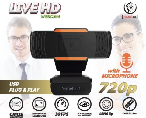 Rebeltec Kamera Internetowa Live HD, typ sensora CMOS 1/4" Rozdzielczość 1280x720, focus: od 3cm do nieskończonoci, 30 klatek/s, Wbudowan Rebeltec Kamera Internetowa Live HD, typ sensora CMOS 1/4" Rozdzielczość 1280x720, focus: od 3cm do nieskończonoci, 30 klatek/s, Wbudowan