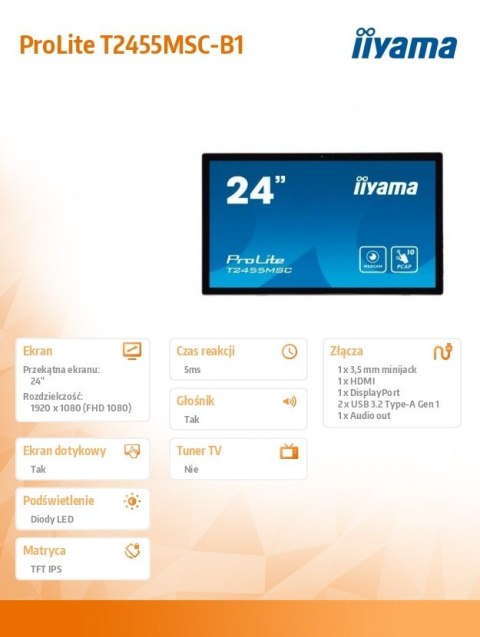 IIYAMA Monitor dotykowy 24 cale T2455MSC-B1 POJ.10PKT.IPS,HDMI,DP,USB3.0,CAM,MIC