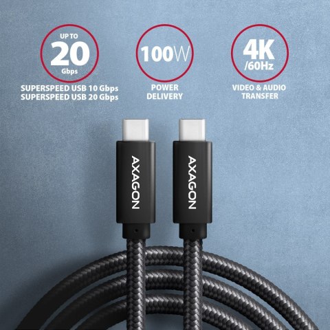 AXAGON BUCM32-CM05AB Kabel USB-C - USB-C 3.2 Gen 2 0.5m, PD 100W, 5A, 4K HD, ALU, oplot, czarny