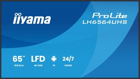 IIYAMA Monitor 65 cali LH6564UHS-B1AG, 24/7,VA,ANDROID14,4K,500cd,5000:1, 2xHDMI ,USB-C,RJ45, RS-232c, IR, 2x10W, 2xUSB, UCHWYT ŚCIE