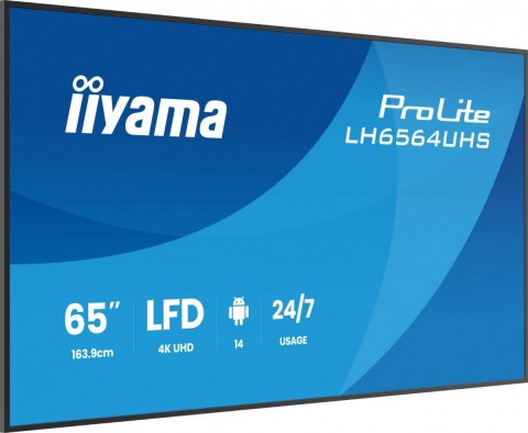 IIYAMA Monitor 65 cali LH6564UHS-B1AG, 24/7,VA,ANDROID14,4K,500cd,5000:1, 2xHDMI ,USB-C,RJ45, RS-232c, IR, 2x10W, 2xUSB, UCHWYT ŚCIE