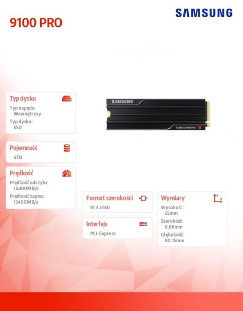 Samsung Dysk SSD 9100 PRO Heatsink NVMe MZ-VAP4T0CW Samsung Dysk SSD 9100 PRO Heatsink NVMe MZ-VAP4T0CW