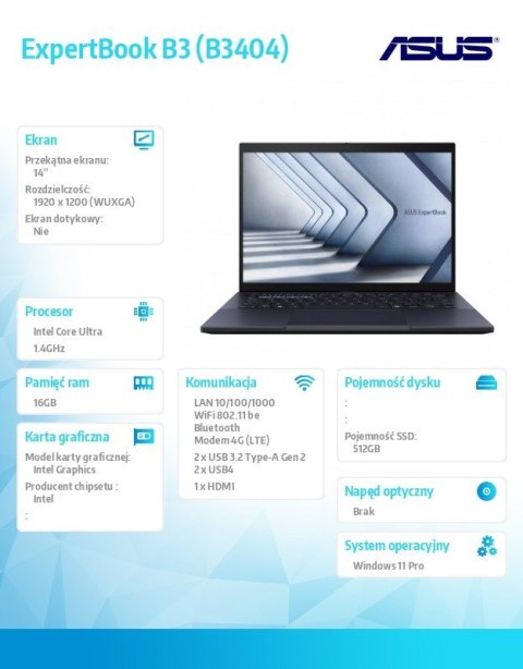 Asus Notebook ExpertBook B3 B3404CMA_L-Q50455X - ultra 7 155H/16GB/512GB/LTE/14 WUXGA/Win 11 PRO/3YRS