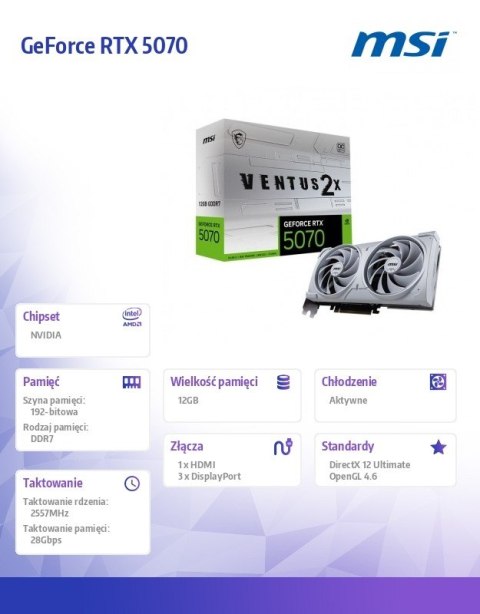 MSI Karta graficzna GeForce RTX 5070 12G VENTUS 2X OC WHITE GDDR7 192bit