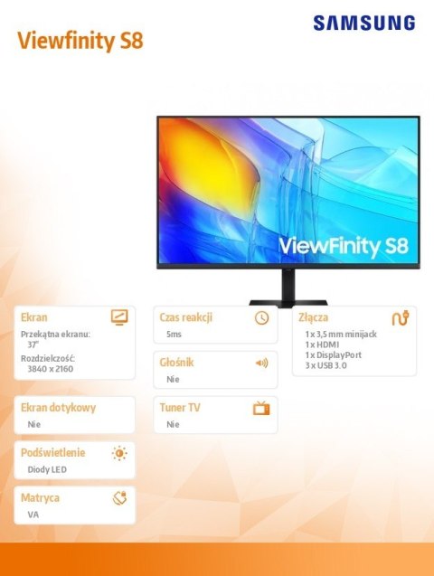 Samsung Monitor 37 cali ViewFinity S80D VA 3840x2160 UHD 16:9 1xHDMI 1xDP 3xUSB-A 5ms PinP/PbyP 60Hz HAS+PIVOT płaski 3YOn-Site (LS37D80