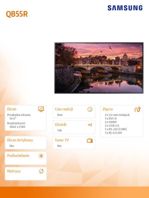 Samsung Monitor profesjonalny QB55R 55 cali Błyszczący 16h/7 350(cd/m2) 3840x2160 (UHD) S6 Player (Tizen 4.0) Wi-Fi/BT 3 lata d2d (LH55