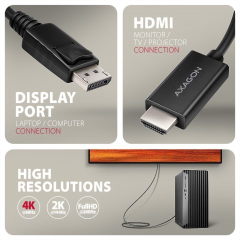 AXAGON RVD-HI20C2 Adapter aktywny DisplayPort -> HDMI 1.4, 4K/60Hz, kabel 1,8m