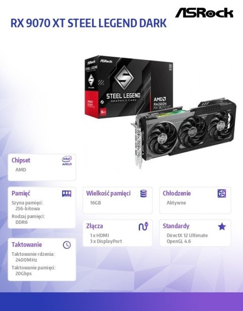 ASRock Karta graficzna Radeon RX 9070 XT STEEL LEGEND DARK 16GB GDDR6 256bit 3DP/HDMI ASRock Karta graficzna Radeon RX 9070 XT STEEL LEGEND DARK 16GB GDDR6 256bit 3DP/HDMI
