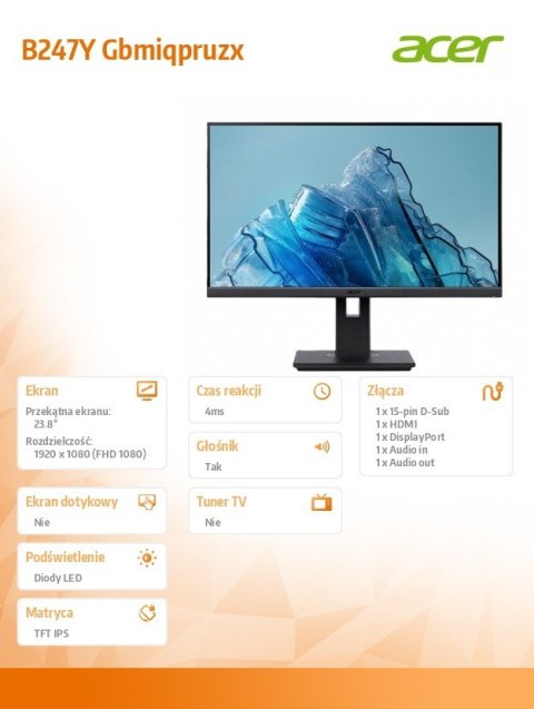 Acer Monitor 23.8 cala B247YGbmiprx IPS/120Hz/4ms/VGA/HDMI Acer Monitor 23.8 cala B247YGbmiprx IPS/120Hz/4ms/VGA/HDMI