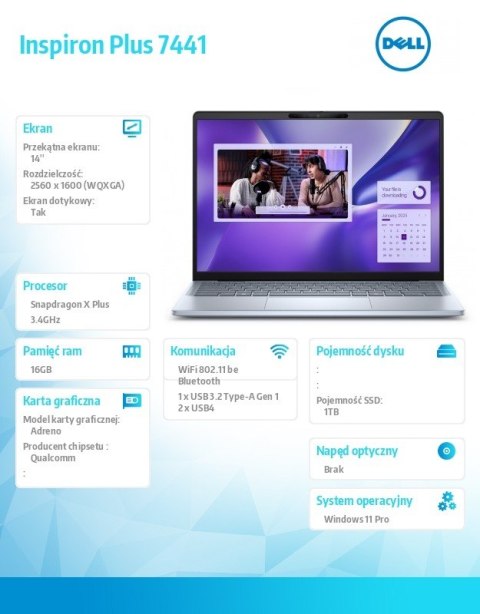 Dell Notebook Inspiron Plus 7441 Win11Pro XELITE12C/16GB/1TB SSD Gen4/14.0 QHD+ Touch/Adreno GPU/FgrPr/Cam & Mic/WLAN + BT/Backlit Kb