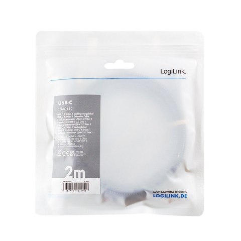 LogiLink Kabel USB3.2 Gen1 TypeC do USB-C/F, PD, 2m LogiLink Kabel USB3.2 Gen1 TypeC do USB-C/F, PD, 2m