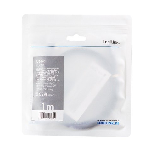 LogiLink Kabel USB3.2 gen2 TypeC do USB-C/F, PD, 1m LogiLink Kabel USB3.2 gen2 TypeC do USB-C/F, PD, 1m