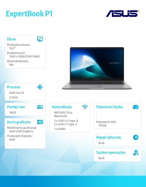 Asus Notebook ExpertBook P1503CVA-S70859X i5-13420H/15.6 cali FHD/16GB/512GB/Win 11 PRO/3YRS