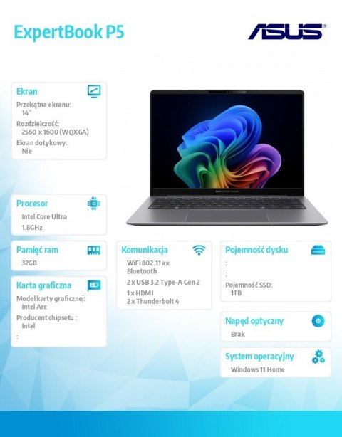 Asus Notebook ExpertBook P5 P5405CSA-NZ0417W Ultra 7 258V 32GB/1TB Win 11Home/3YRS Copilot+PC