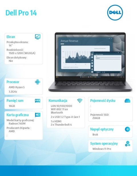 Dell Laptop Dell Pro 14 PC14255/AMD Ryzen 5 220/16GB/256GB CL35/14.0 FHD+/Radeon 740M/FgrPr/Cam & Mic/WLAN + BT/Backlit Kb/3 Cell/W11