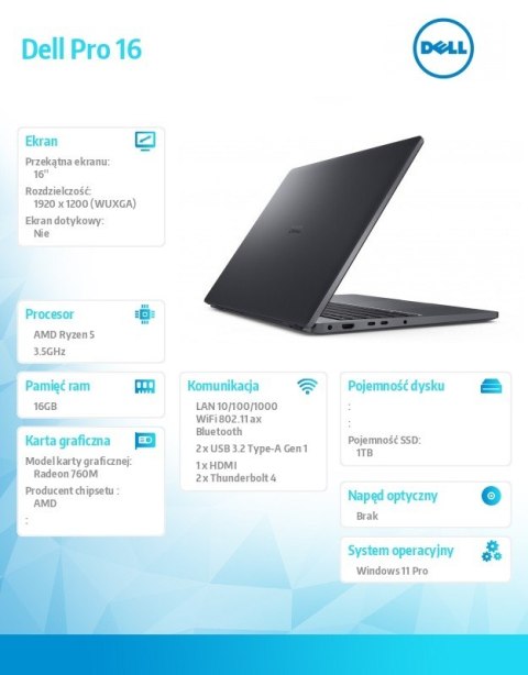 Dell Laptop Dell Pro 16 PC16255/AMD Ryzen 5 PRO 230/16GB/1TB SSD CL25/16.0 FHD+/Radeon 760M/FgrPr/FHD/IR Cam/Mic/WLAN+BT/Backlit Kb/3