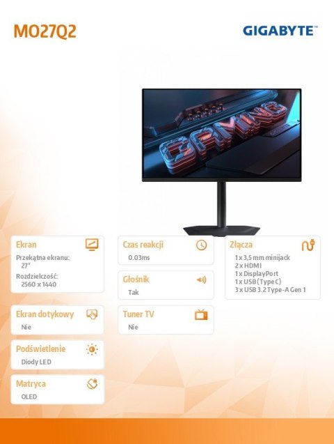 Gigabyte Monitor 27 cali MO27Q2 EK QHD QD-OLED HDMI USB-C Gigabyte Monitor 27 cali MO27Q2 EK QHD QD-OLED HDMI USB-C