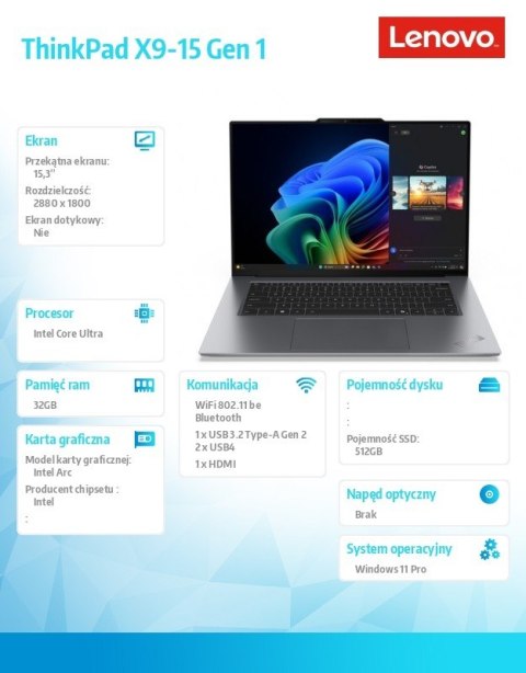 Lenovo Ultrabook ThinkPad X9 G1 21Q6001VPB W11Pro Ultra 5 228V/32GB/512GB/INT/15.3 cala OLED/Thunder Grey/3YR Premier NBD + CO2 Offset