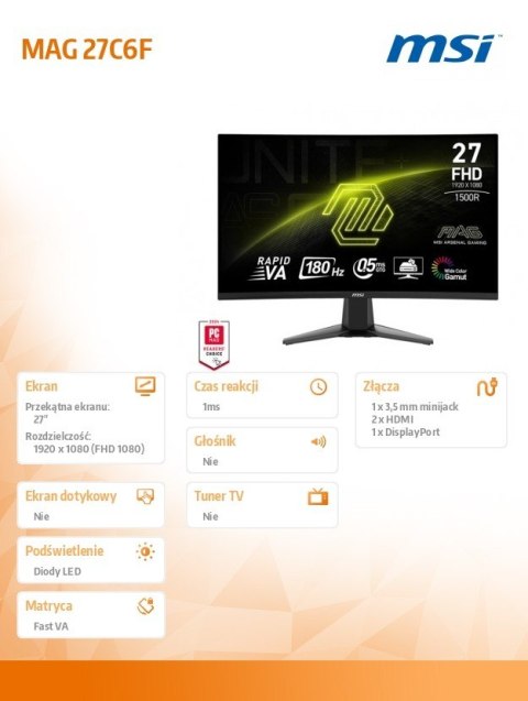 MSI Monitor MAG 27C6F 27 cali/LED/FHD/Curv/180Hz/Black MSI Monitor MAG 27C6F 27 cali/LED/FHD/Curv/180Hz/Black