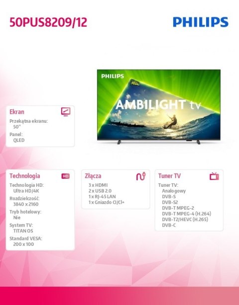 Philips Telewizor QLED 50 cali 50PUS8209/12 Philips Telewizor QLED 50 cali 50PUS8209/12