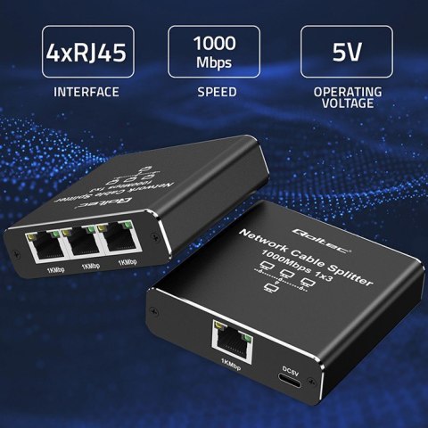 Qoltec Rozdzielacz Splitter Ethernet mini SWITCH 1x3 RJ45 | 1000Mb/s | USB-C | Aluminium