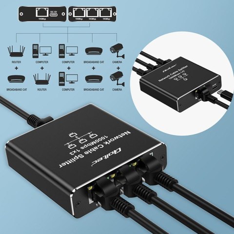 Qoltec Rozdzielacz Splitter Ethernet mini SWITCH 1x3 RJ45 | 1000Mb/s | USB-C | Aluminium