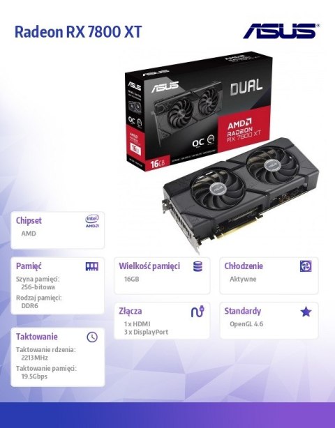 Asus Karta graficzna Dual Radeon RX 7800 XT OC Edition 16GB GDDR6DUAL-RX7800XT-O16G Asus Karta graficzna Dual Radeon RX 7800 XT OC Edition 16GB GDDR6DUAL-RX7800XT-O16G