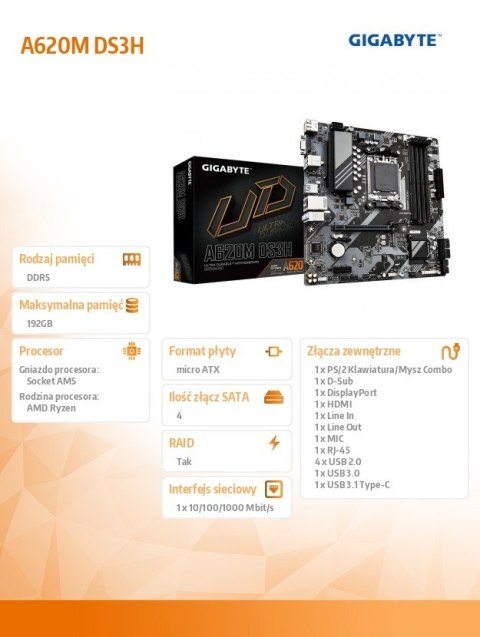 Gigabyte Płyta główna A620M DS3H AM5 4DDR5 HDMI/DP M.2 mATX