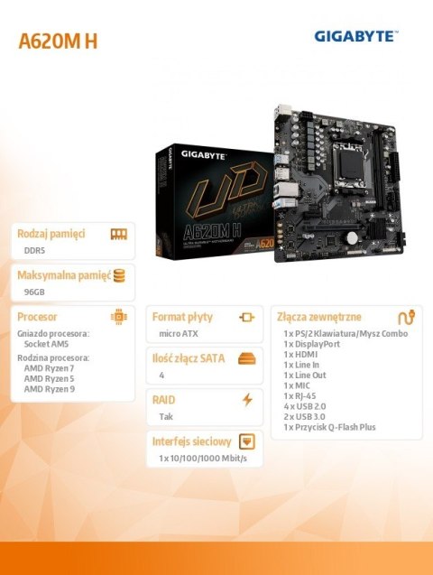 Gigabyte Płyta główna A620M H AM5 2DDR5 HDMI/DP M.2 mATX