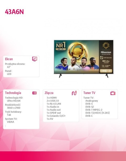 Hisense Telewizor LED 43 cale 43A6N