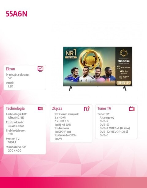 Hisense Telewizor LED 55 cali 55A6N