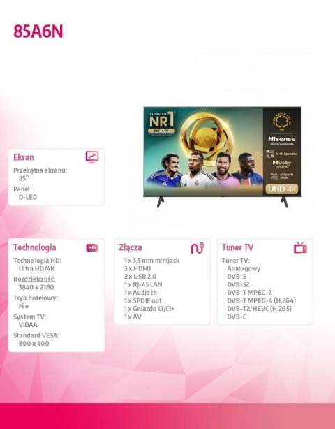 Hisense Telewizor LED 85 cali 85A6N