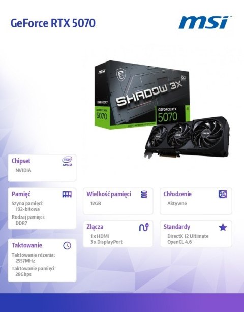 MSI Karta graficzna GeForce RTX 5070 12G SHADOW 3X OC GDDR7 192bit HDMI/DP
