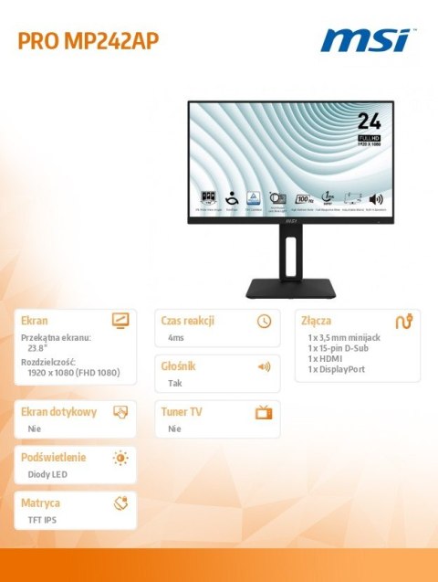 MSI Monitor 23.8 cala PRO MP242AP LED/FHD/Flat/100Hz/czarny