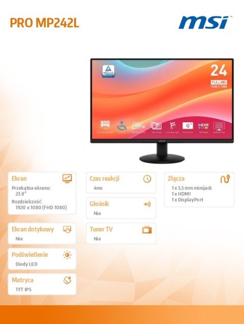 MSI Monitor 23.8 cala PRO MP242L LED/FHD/Flat/100Hz/czarny